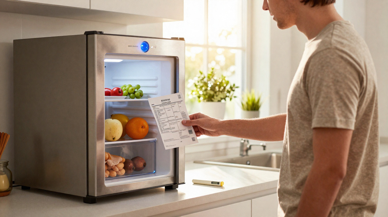Homem segura lista de compras ao lado de mini frigorífico aberto com frutas e legumes na cozinha.