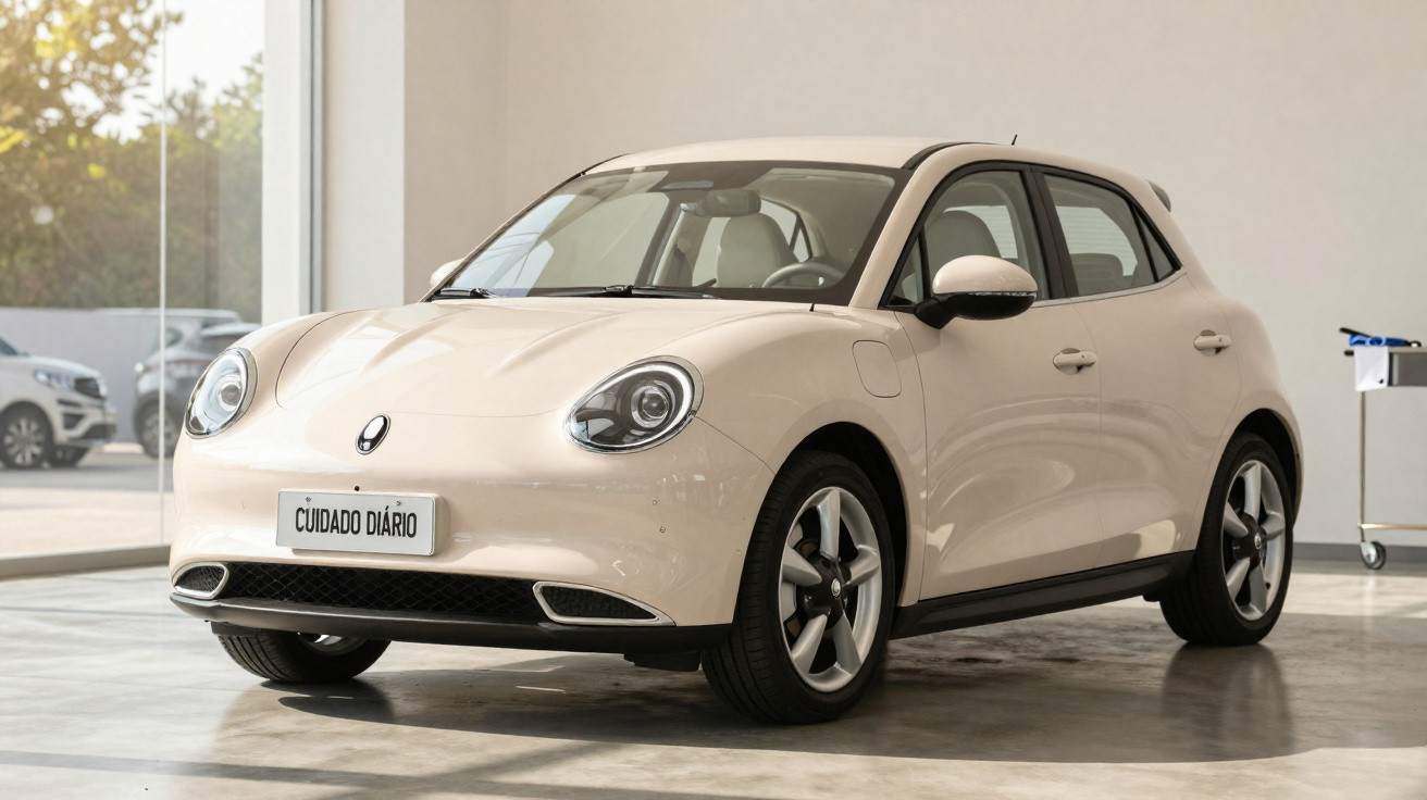 Carro elétrico compacto branco estacionado em ambiente interior com luz natural.