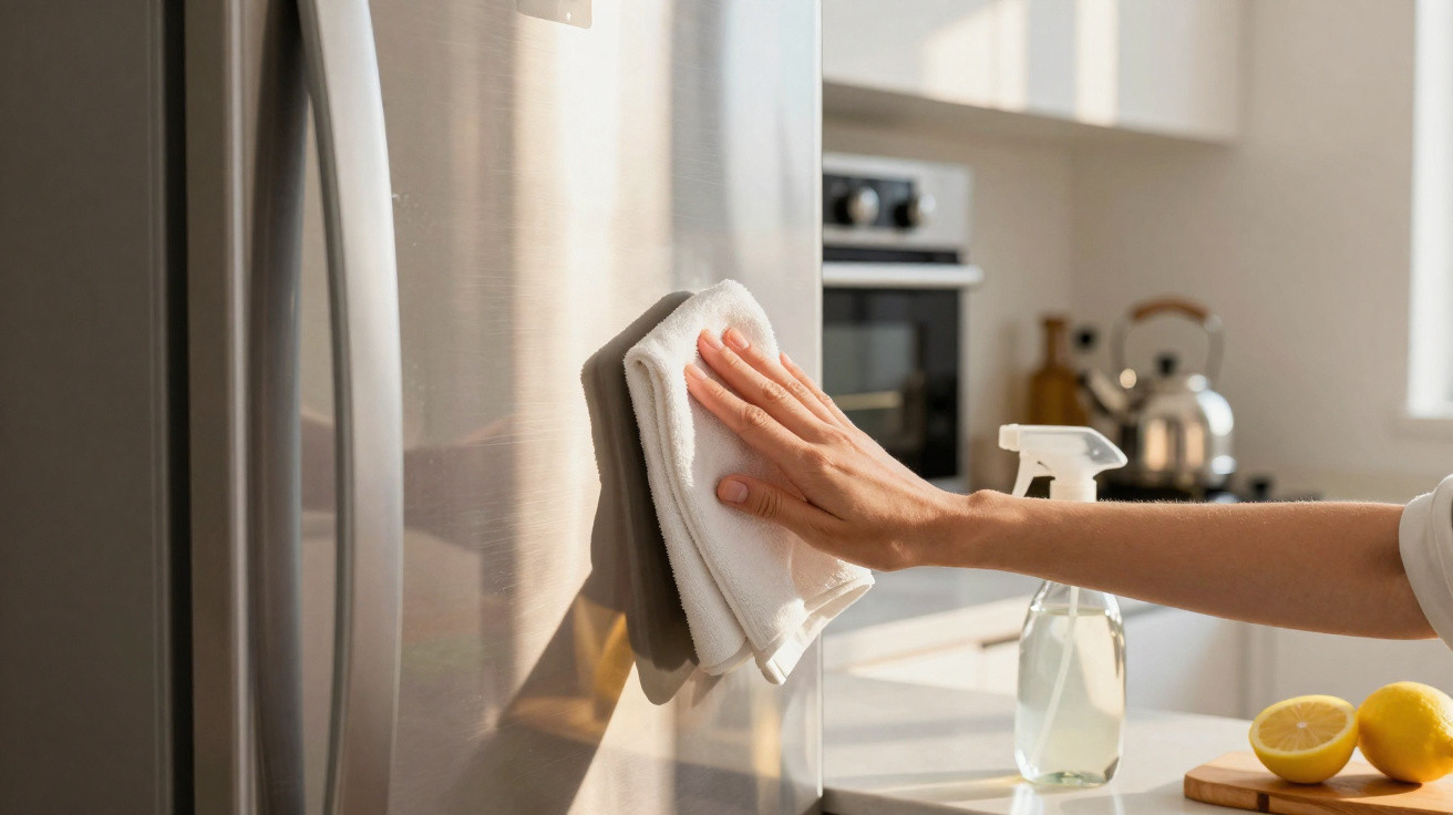Pessoa a limpar a porta de um frigorífico de inox com um pano branco numa cozinha luminosa.