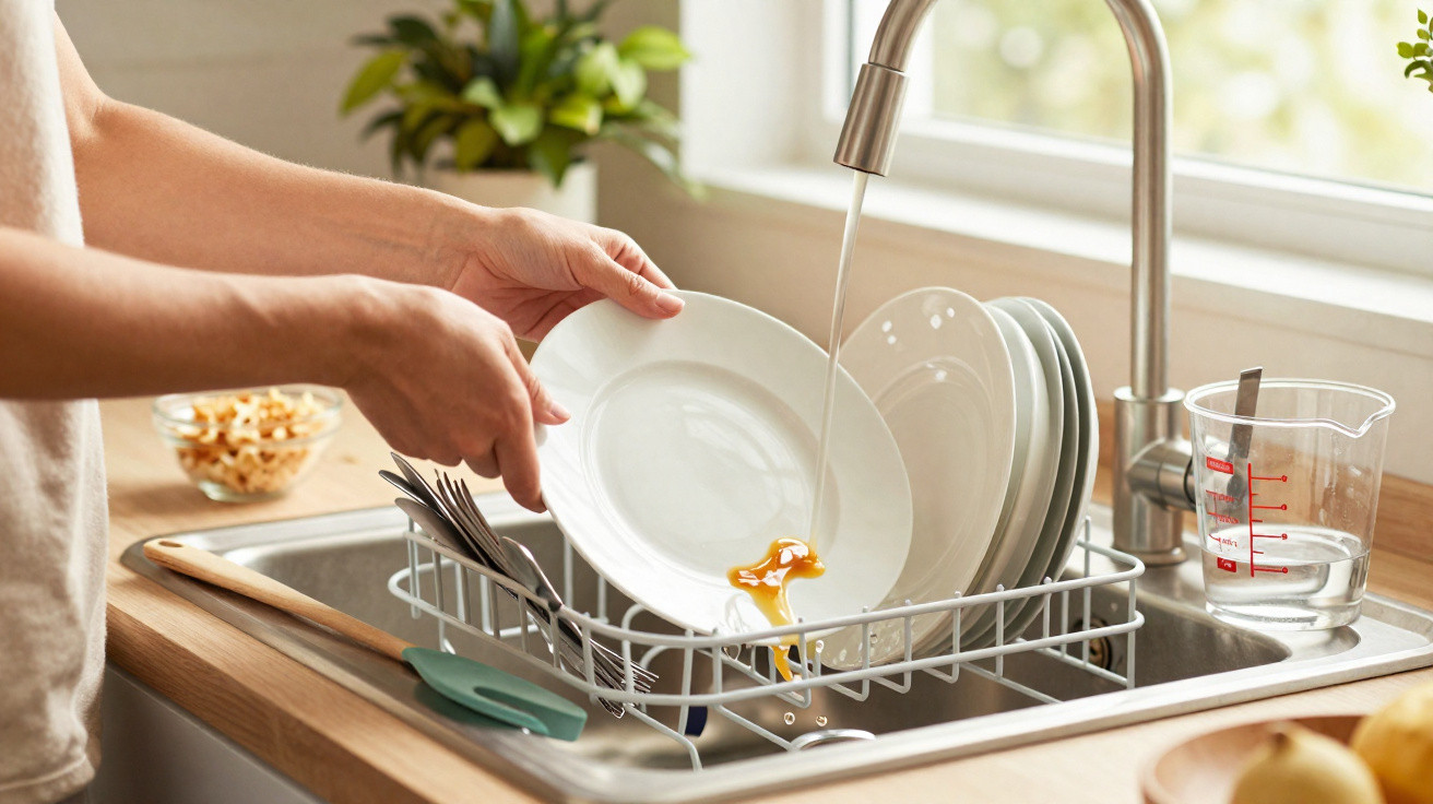 Pessoa a lavar pratos num lava-loiça com utensílios e um jarro medidor ao lado num ambiente de cozinha.