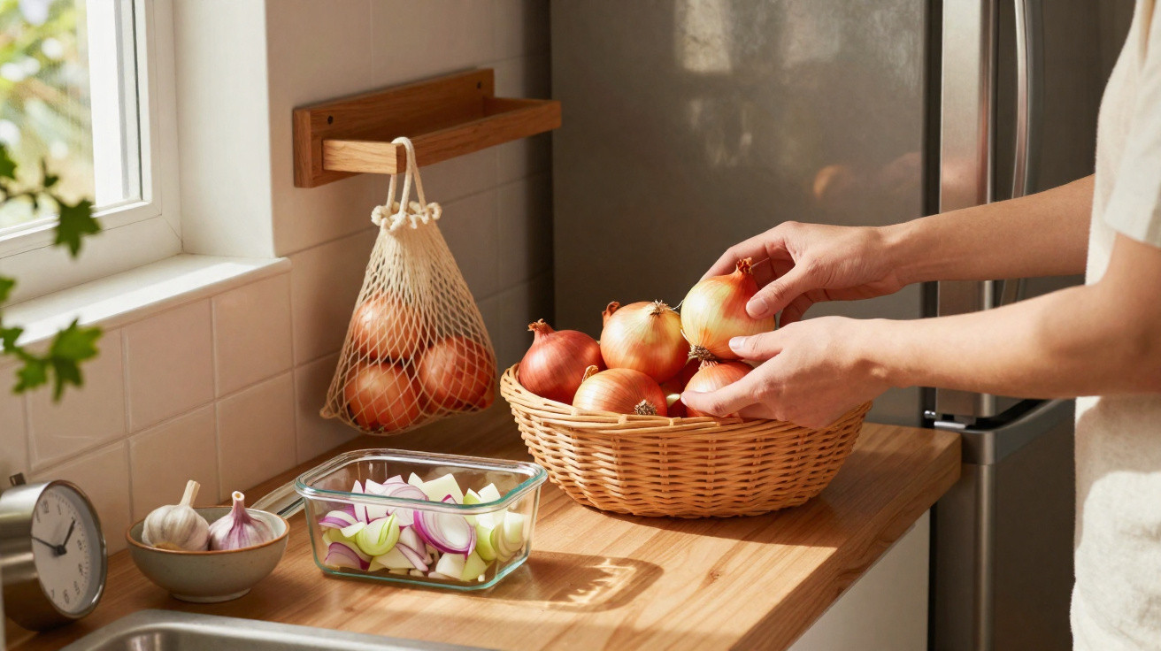 Mãos a pegar cebolas numa cesta de vime numa cozinha com cesto suspenso e tabuleiro com legumes fatiados.