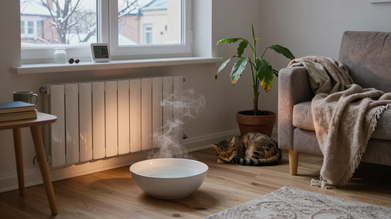 Sala de estar com radiador, gato dormindo no chão, vaso com planta e bacia com água quente a emitir vapor.
