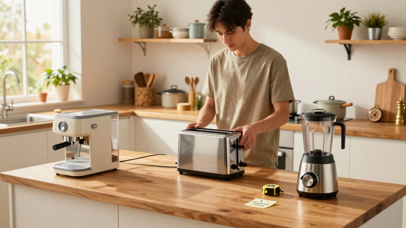 Jovem na cozinha a preparar torradeira com máquina de café e liquidificador numa bancada de madeira.