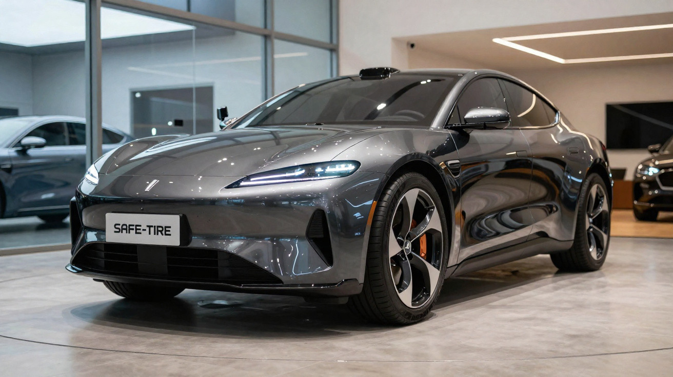 Carro eléctrico cinzento estacionado numa sala de exposição moderna com janelas grandes.