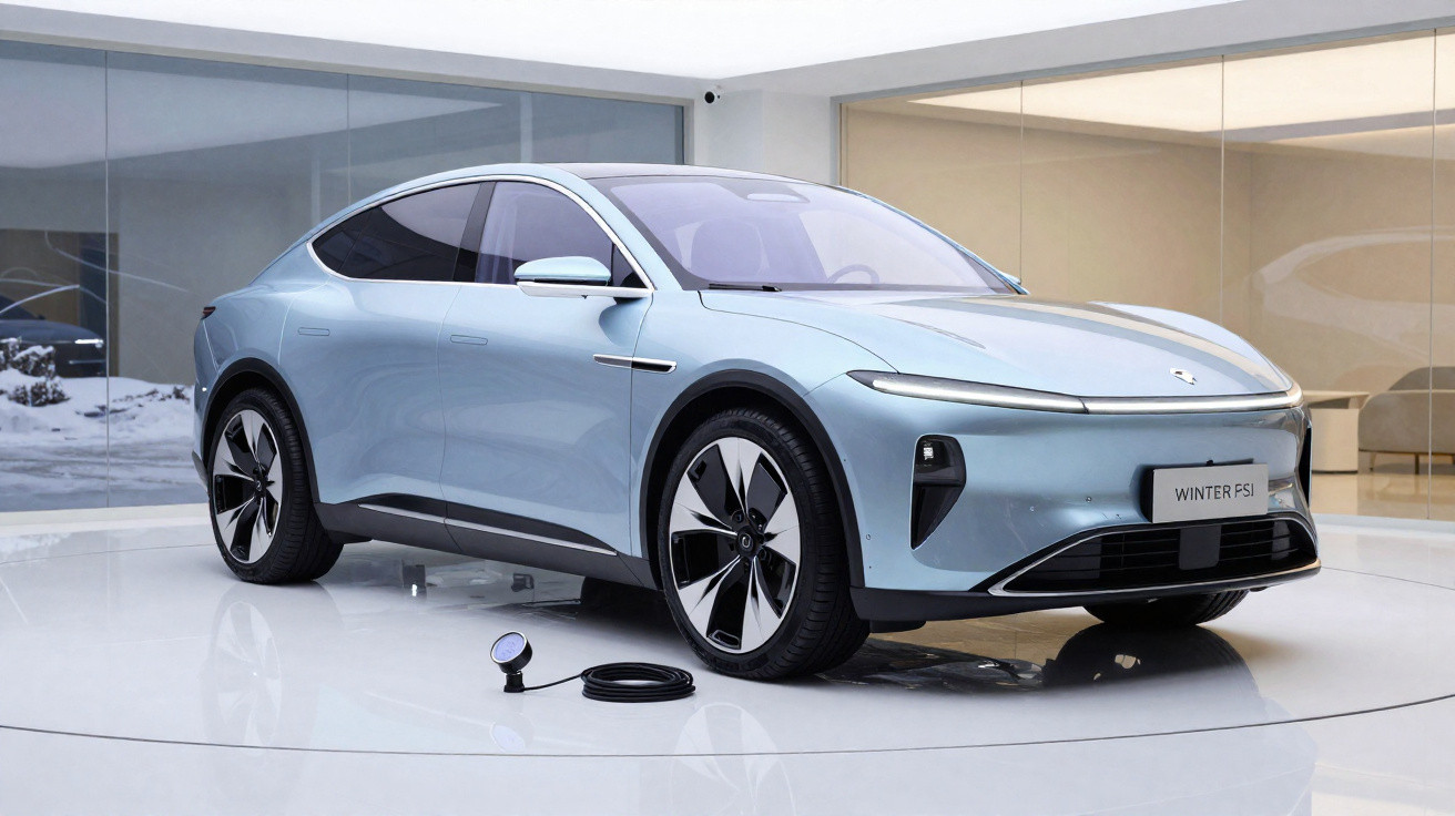 Carro elétrico azul claro estacionado numa sala moderna com piso branco e janelas de vidro.