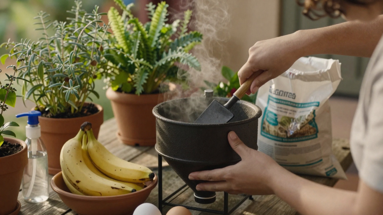 Pessoa a cozinhar com panela fumegante, perto de plantas em vasos, bananas, ovos e gel desinfetante.