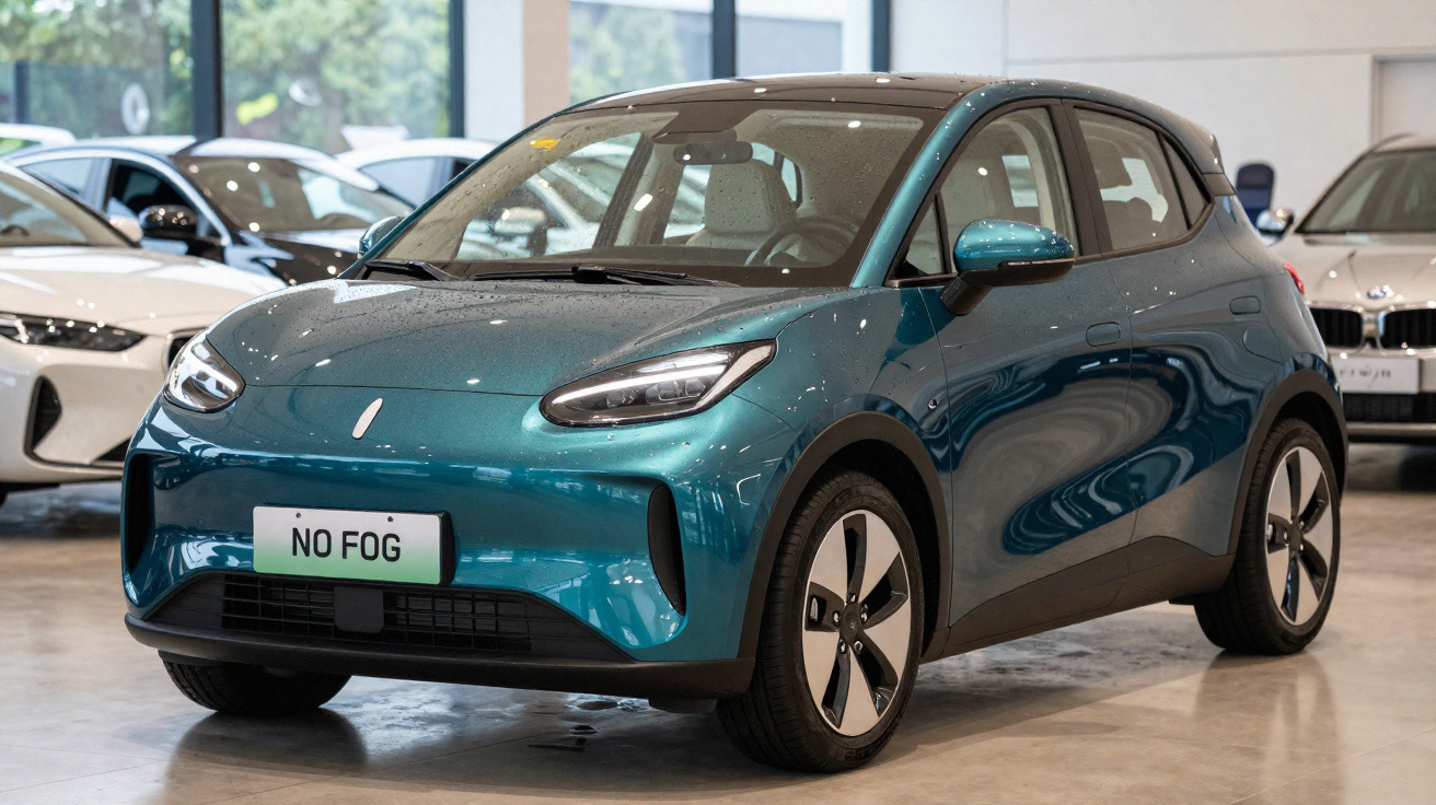 Carro elétrico compacto azul metálico exposto em stand de automóveis moderno e iluminado.