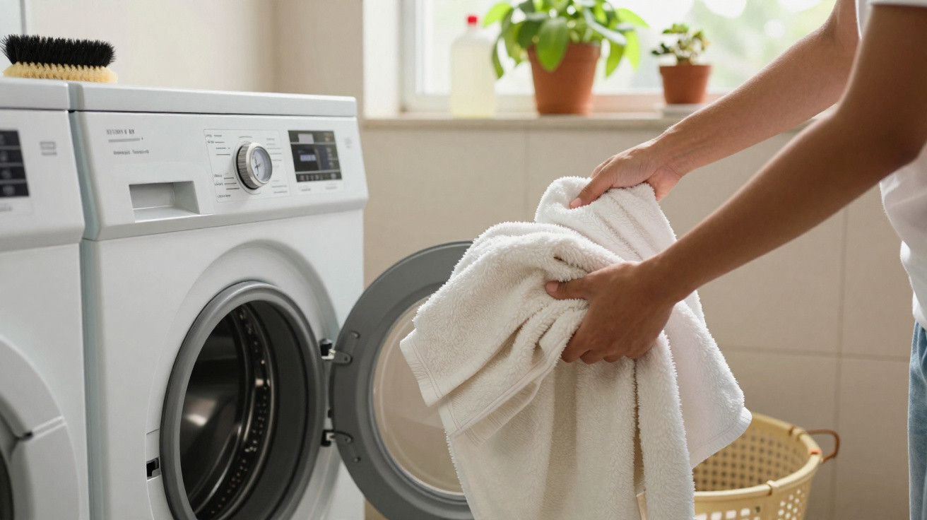 Pessoa a colocar roupa branca numa máquina de lavar roupa aberta numa lavandaria doméstica.