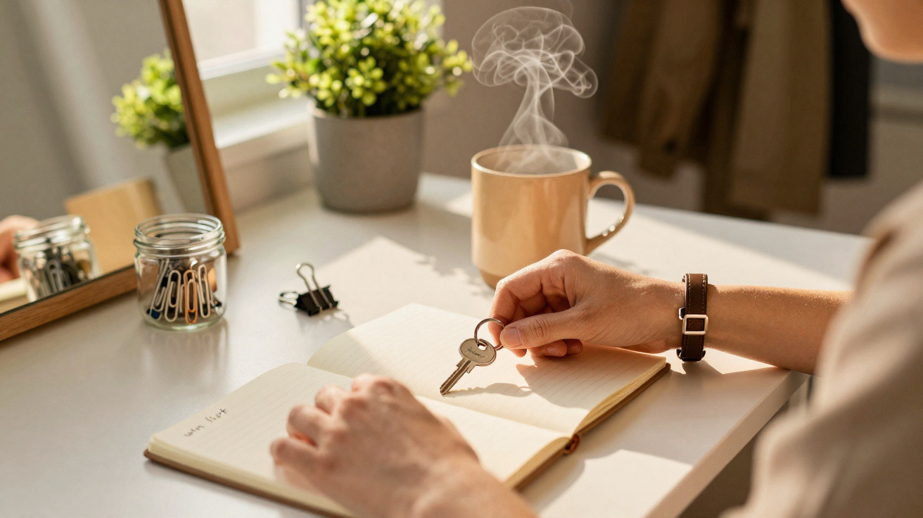 Pessoa a segurar uma chave sobre um caderno aberto, com caneca fumegante e planta ao fundo numa mesa iluminada.
