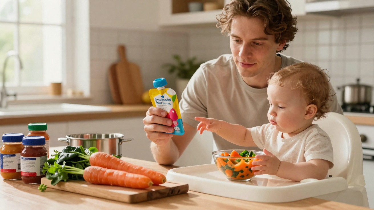 Pai a alimentar bebé com papa de legumes na cozinha, com cenouras e potes de comida sobre a bancada.