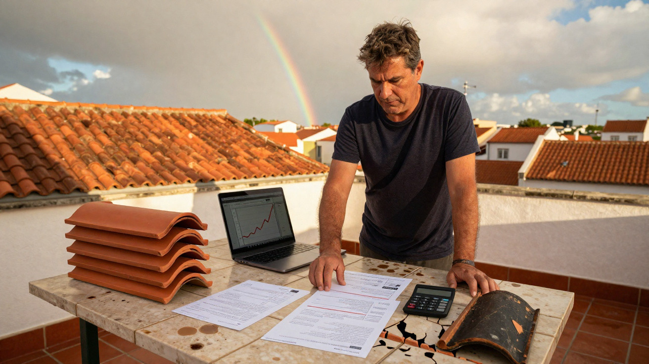 Homem a analisar documentos e gráficos num terraço com telhas de barro e arco-íris ao fundo.