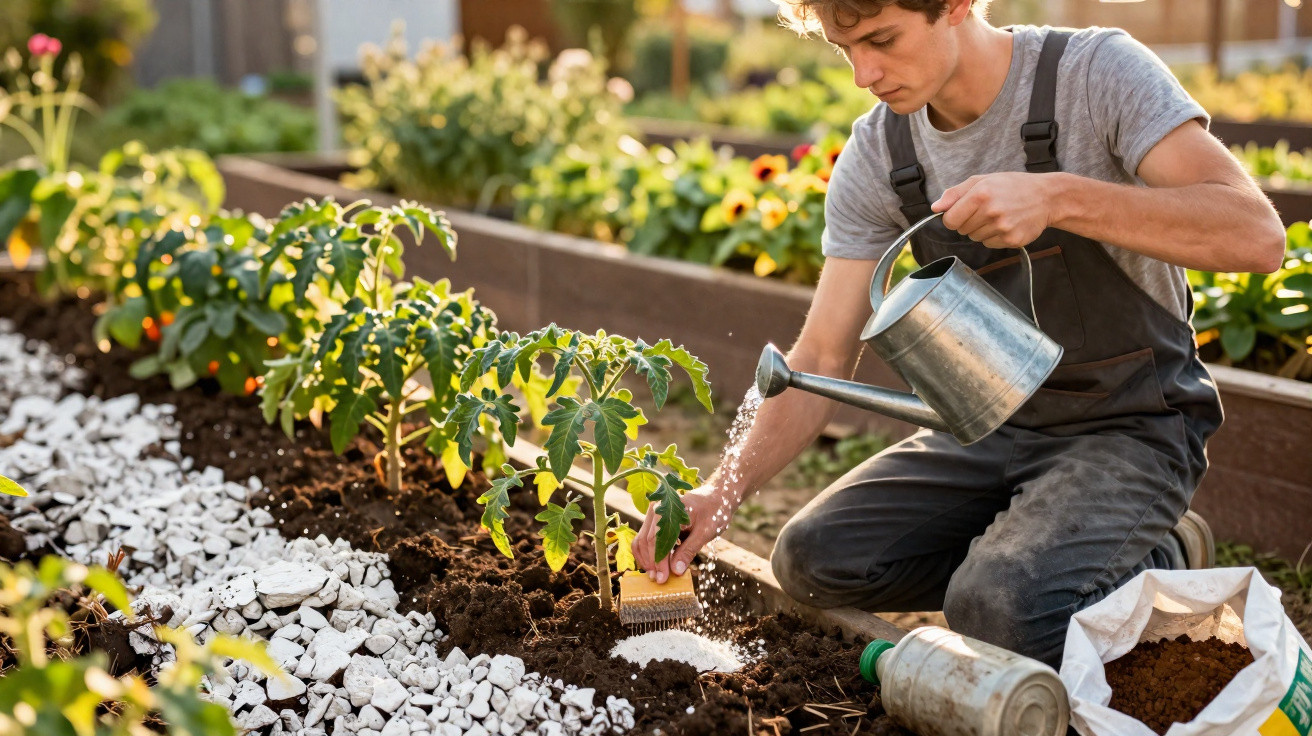 Jovem rega plantas jovens com regador numa horta com canteiros elevados ao ar livre.