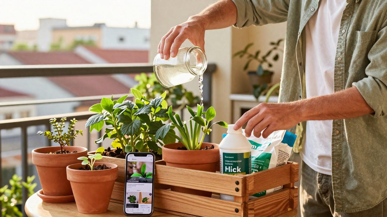 Pessoa a regar plantas em vasos com smartphone ao lado a mostrar dicas de jardinagem.