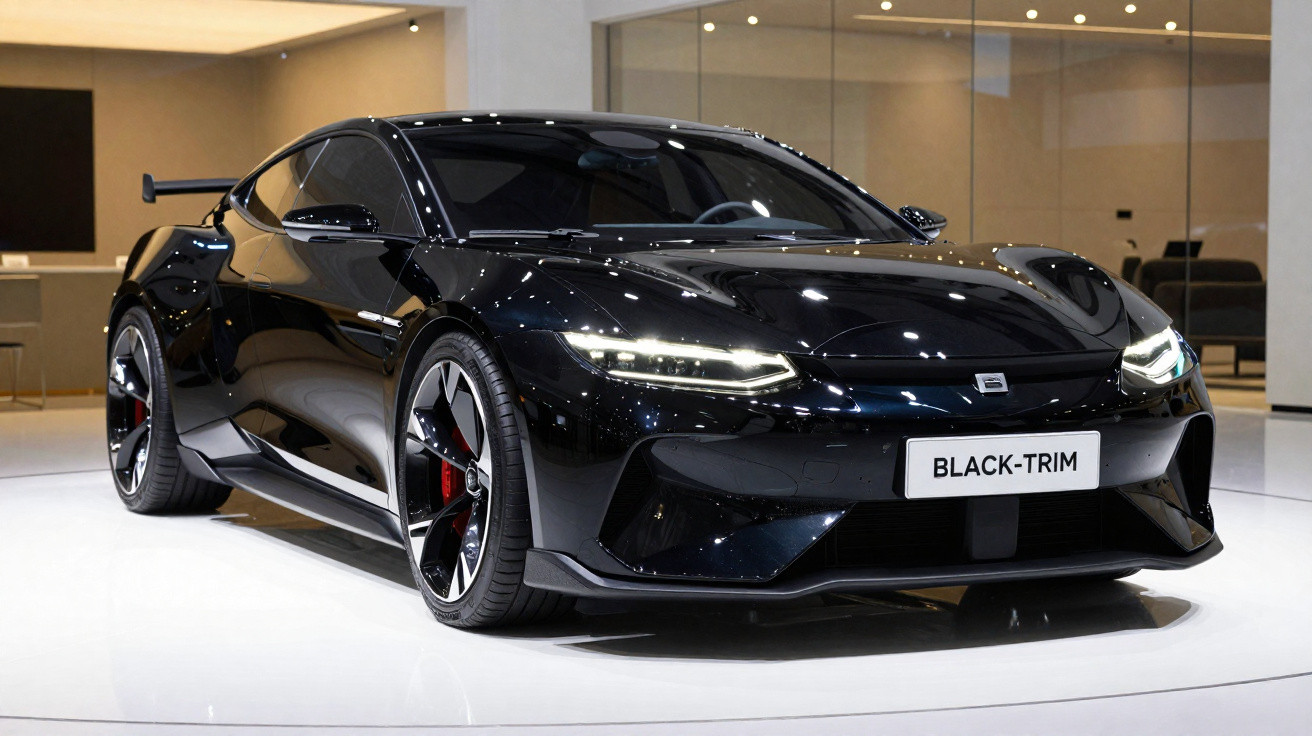 Carro desportivo preto brilhante com faróis LED e spoiler traseiro exposto em piso branco interior.