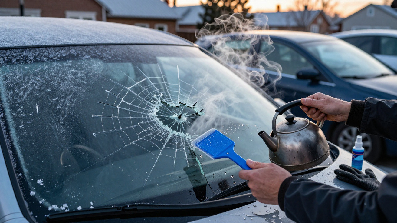Pessoas a derreter gelo no para-brisas congelado de um carro com chaleira a vapor num dia frio.