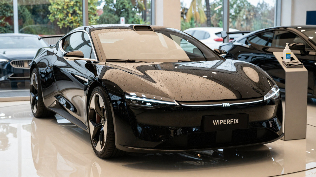 Carro desportivo elétrico preto com design futurista exposto em show de automóveis moderno.