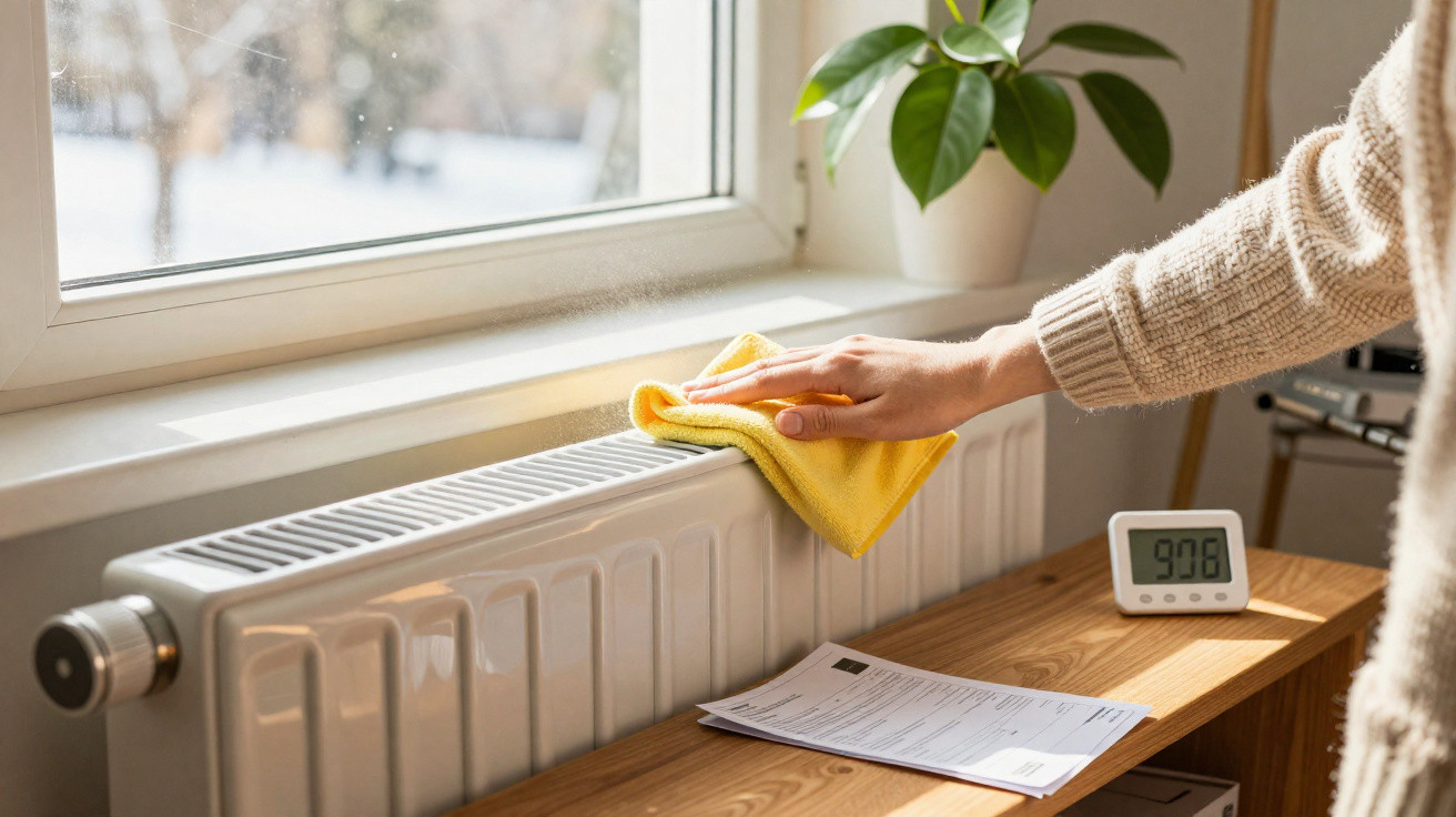 Pessoa a limpar um radiador branco com um pano amarelo junto a uma janela, com um termómetro e documentos numa mesa.
