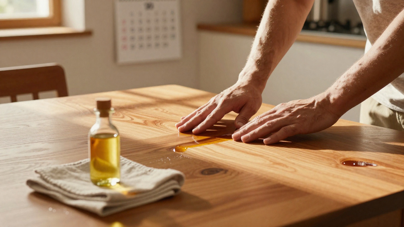 Pessoas limpando líquido derramado numa mesa de madeira com um pano ao lado e garrafa de óleo.