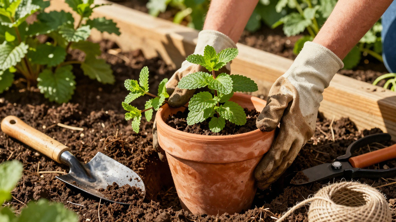 Mãos com luvas a transplantar planta de vaso de barro para canteiro de terra num jardim ao ar livre.