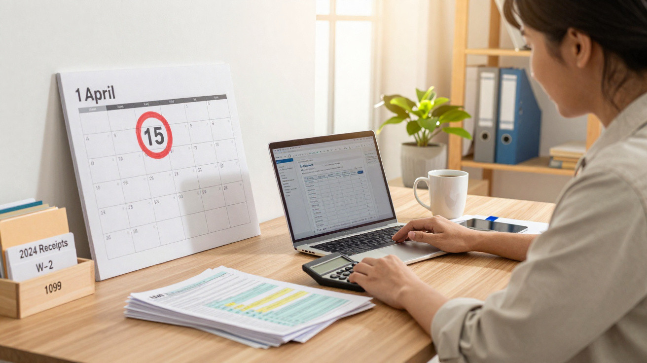 Pessoa a calcular impostos no computador com calendário a mostrar 15 de abril assinalado a vermelho.