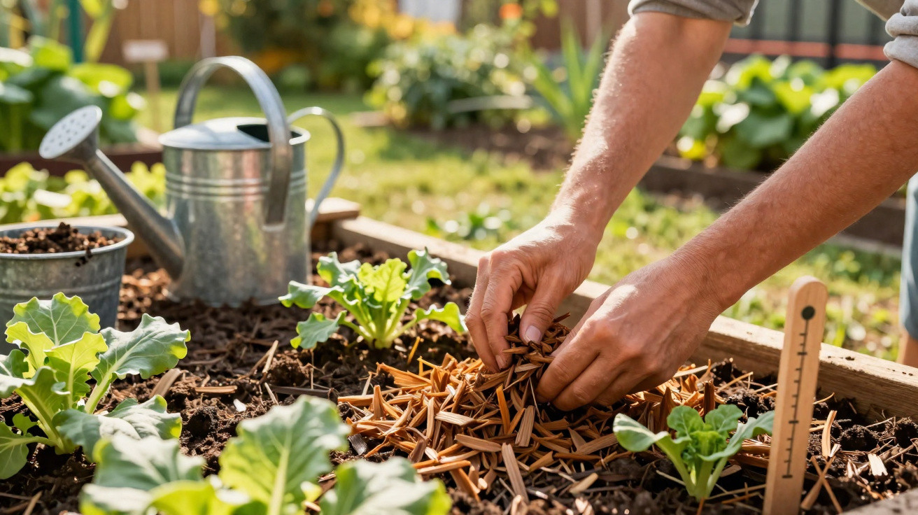 Mãos a espalhar cobertura vegetal num canteiro com plantas verdes e um regador metálico ao fundo.