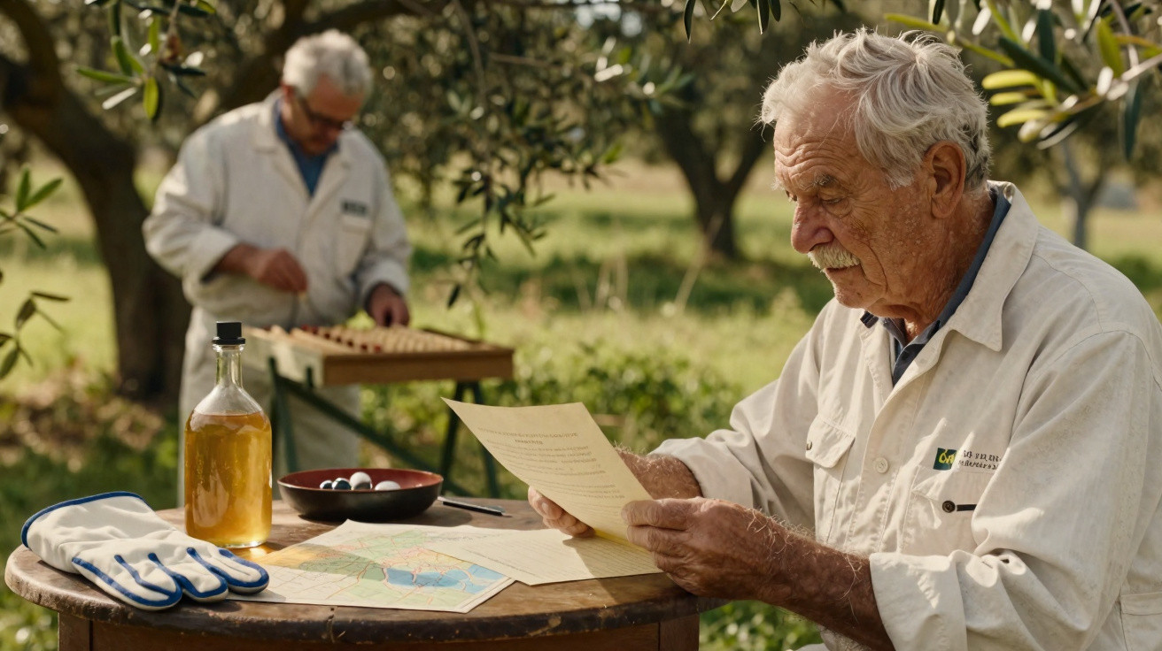 Idosos em pomar, um lê documentos e outro trabalha ao fundo com ferramentas agrícolas.