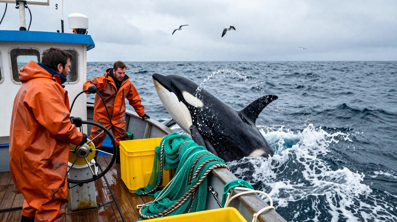 Orca a saltar junto a um barco com dois pescadores de fato alaranjado observando o mar encapelado.