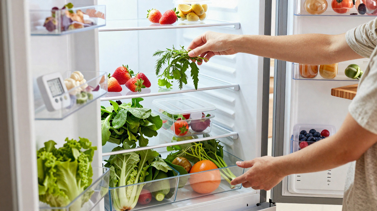 Pessoa a guardar verduras frescas e frutas num frigorífico organizado e iluminado.