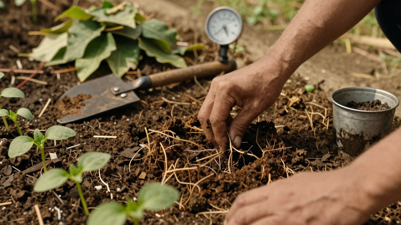Mãos a plantar sementes em solo húmido com ferramenta de jardinagem e pequeno vaso metálico ao lado.