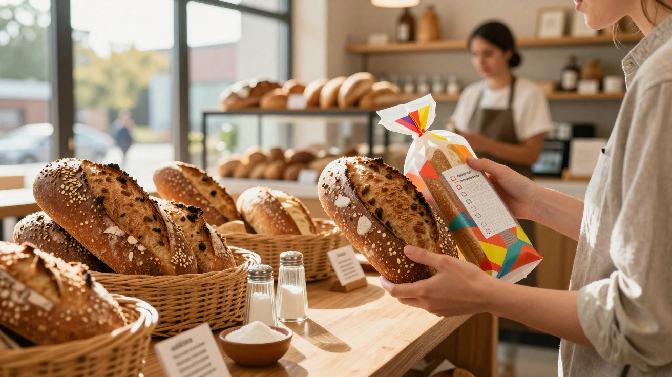 Pessoa a segurar pão e pacote numa padaria com vários pães em cestos sobre balcão de madeira.