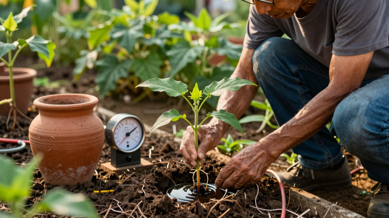 Pessoa a regar uma planta jovem no solo de um jardim com um medidor e jarro de barro próximos.