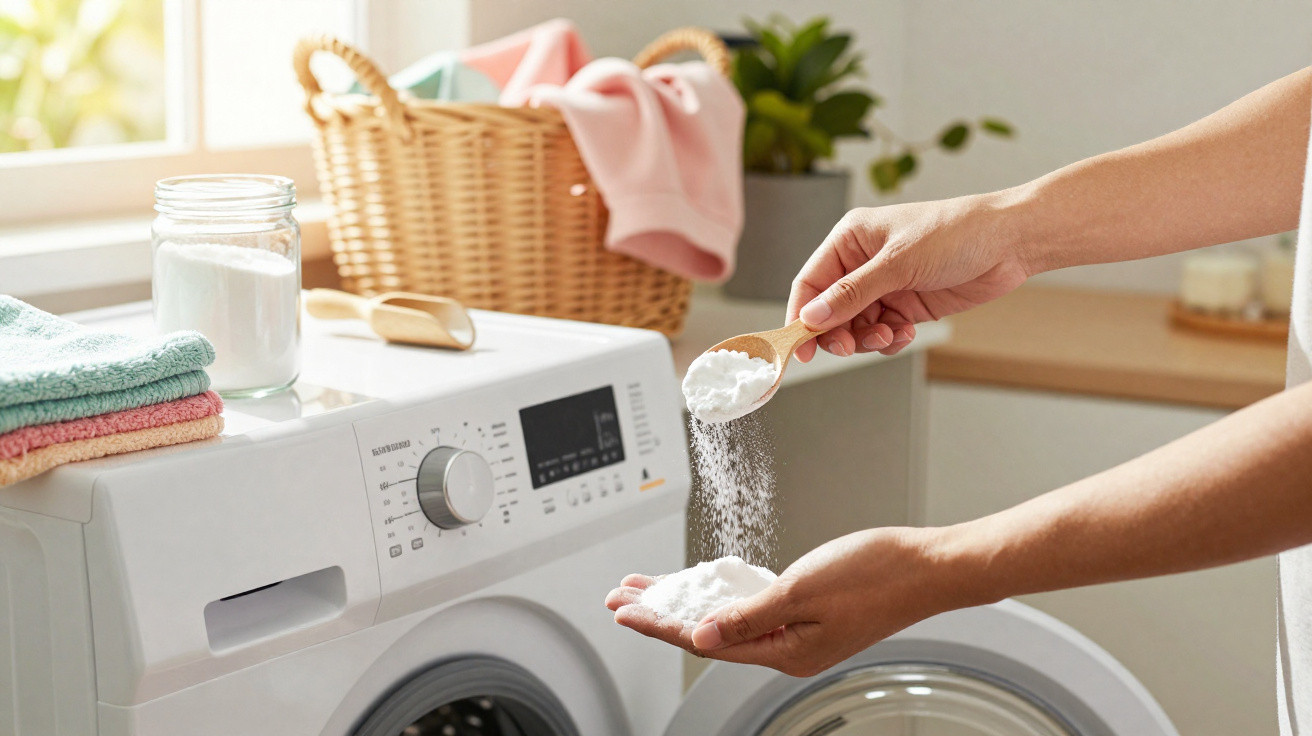 Pessoa a colocar detergente em pó numa máquina de lavar roupa numa lavandaria doméstica.