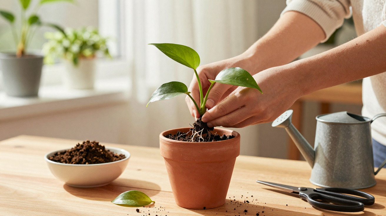 Mãos a transplantar uma muda de planta em vaso de barro numa mesa com regador e tesoura.