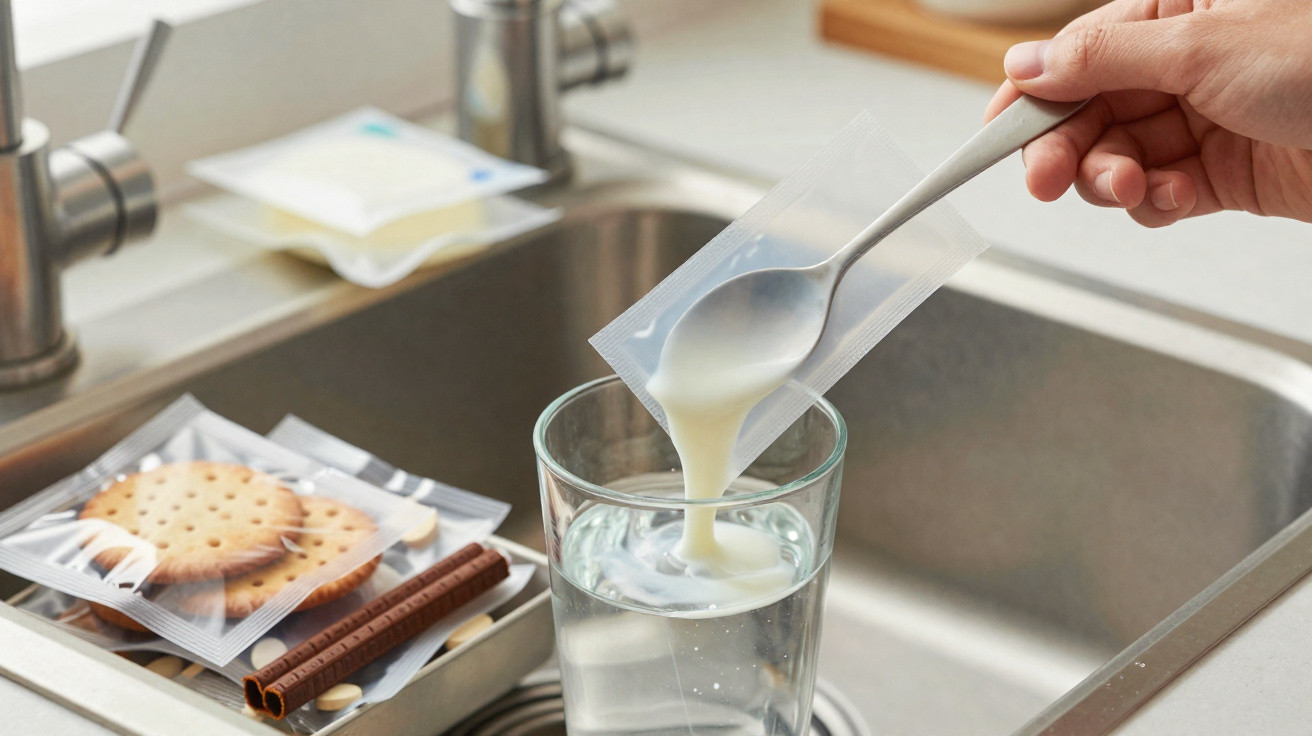 Pessoa a colocar suplemento em pó numa colher sobre copo com água na cozinha.