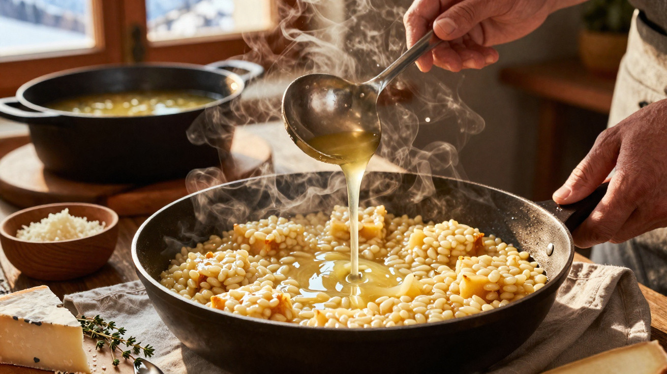 Mãos a servir caldo quente numa panela com feijão branco e cubos de batata, acompanhados de queijo e arroz.