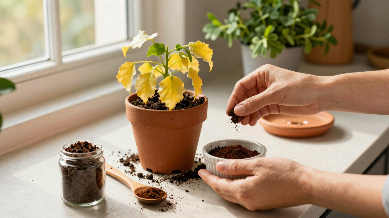 Mãos a adicionar terra a um vaso com planta amarela num peitoril de janela iluminado.