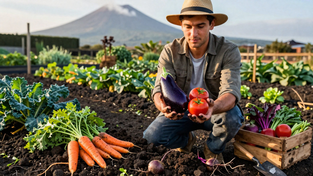 Homem numa horta mostrando berinjela e tomates frescos colhidos, com legumes e vegetais ao redor.