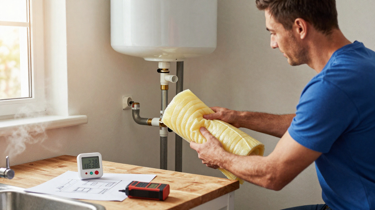 Homem a instalar isolamento térmico num tubo junto a um esquentador numa cozinha.