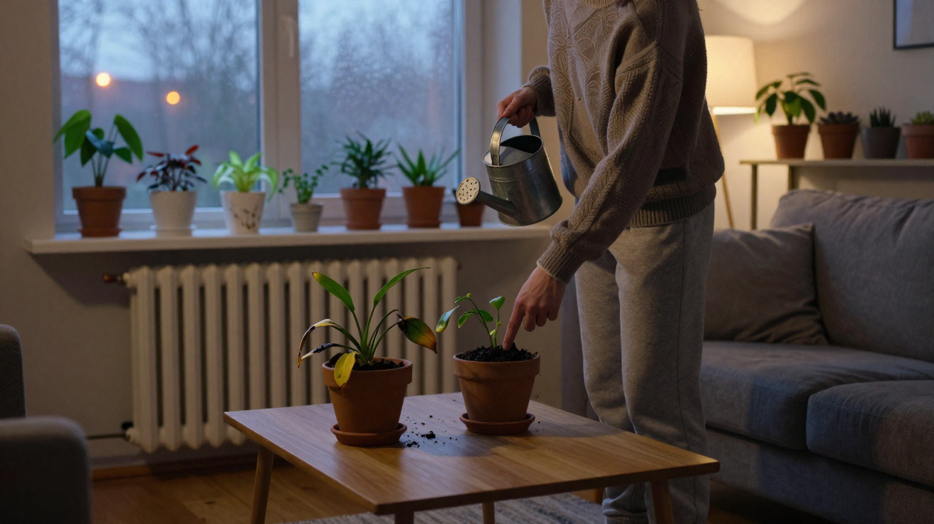 Pessoa a cuidar de plantas em vasos numa sala com sofá e luz quente ao final da tarde.