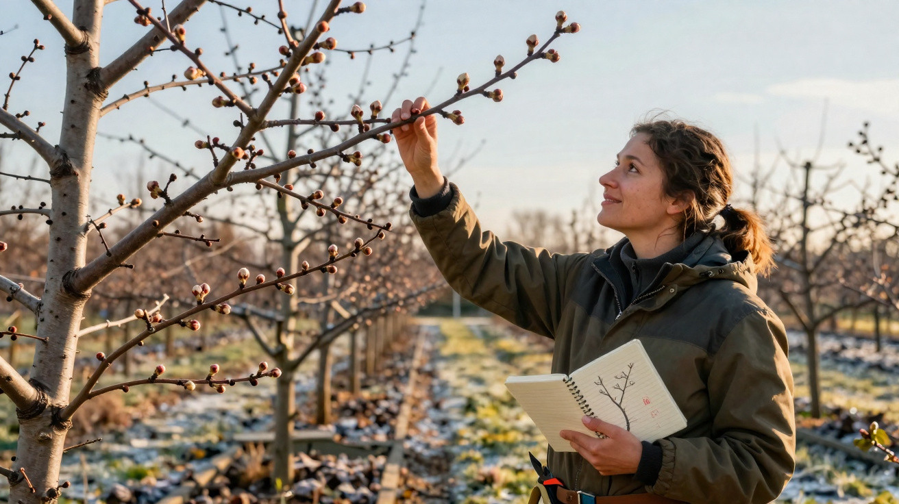 Mulher a analisar botões de uma árvore numa pomar, segurando um caderno aberto e ouvinte ao sol.