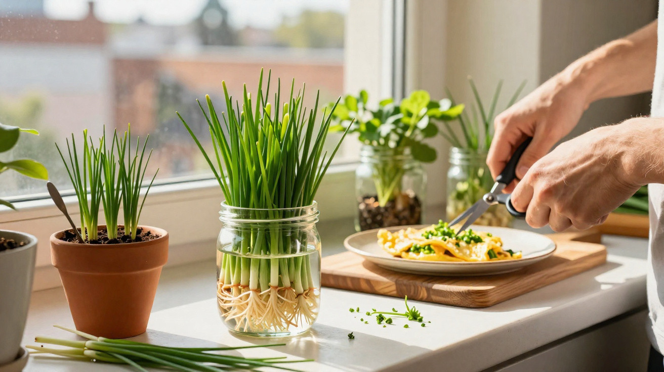 Mãos a cortar cebolinhas frescas junto a jarros de plantas verdes numa cozinha iluminada por luz natural.