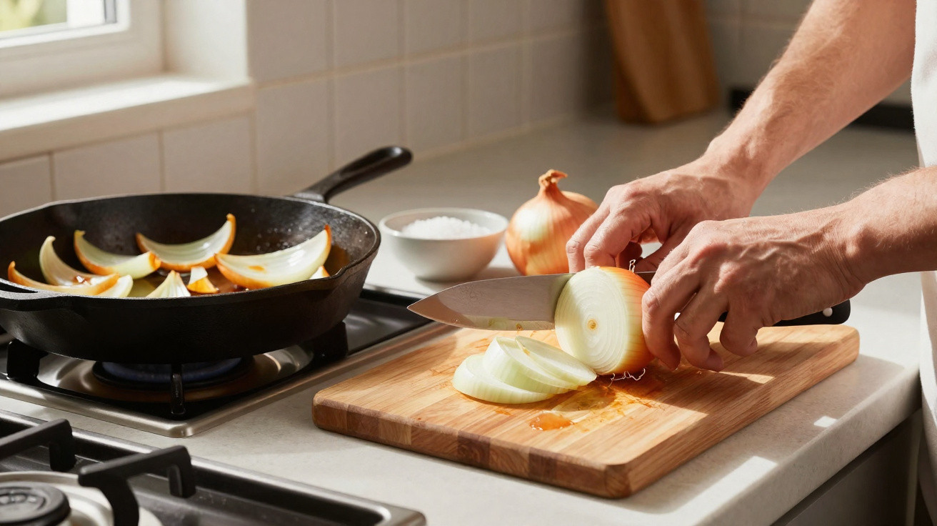 Mãos a cortar cebola em fatias numa tábua de cozinha com cebolas a cozinhar numa frigideira no fogão.