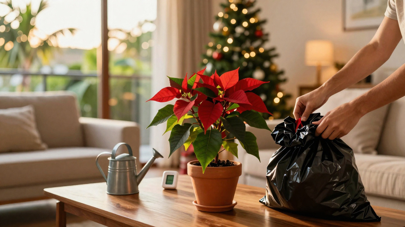 Pessoa a fechar um saco de lixo preto numa sala com planta de Natal na mesa e árvore de Natal ao fundo.