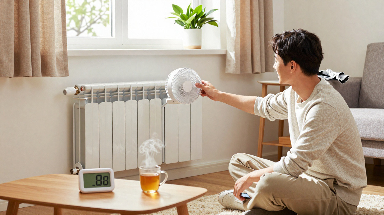 Homem sentado perto de aquecedor ajustando ventilador pequeno numa sala com chá quente e termómetro digital.