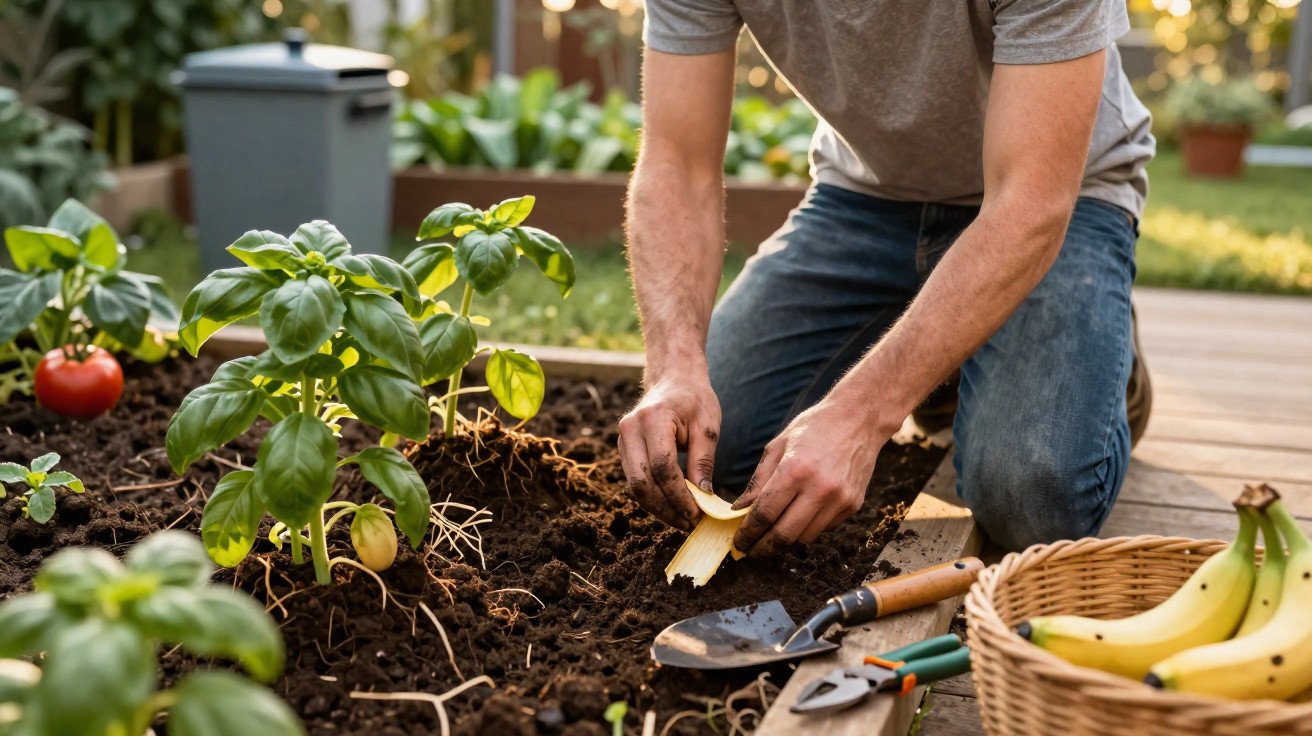 Pessoa a plantar casca de banana numa horta caseira com plantas de manjericão e tomates.