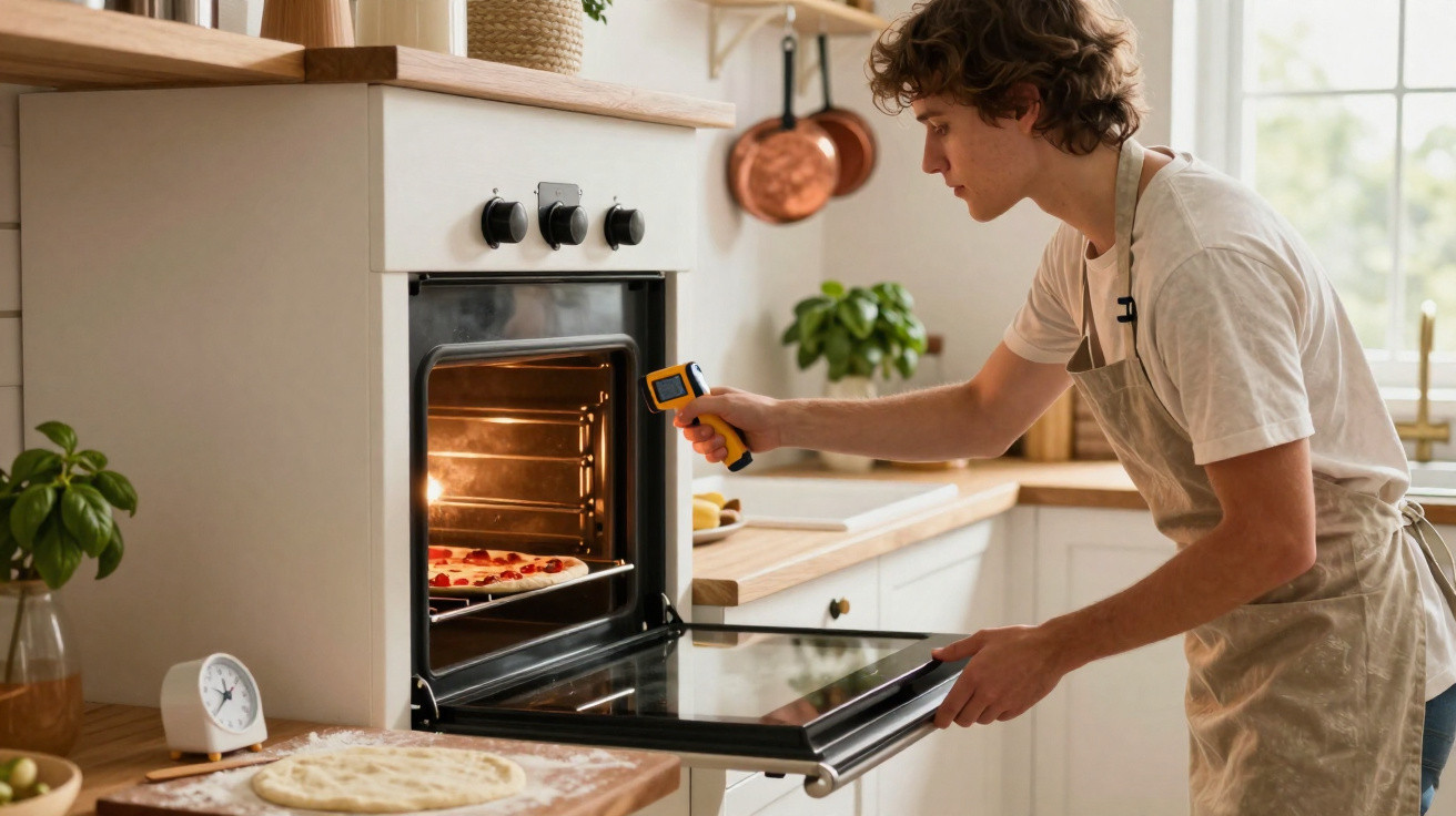 Homem a usar medidor de temperatura para pizza no forno aberto numa cozinha moderna iluminada.