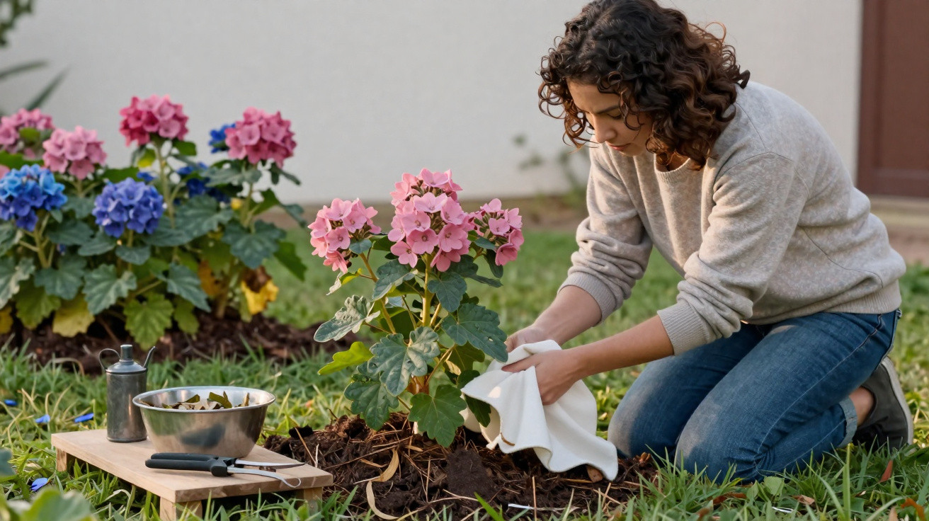 Mulher a tratar de plantas com flores cor-de-rosa num jardim, rodeada de ferramentas de jardinagem.