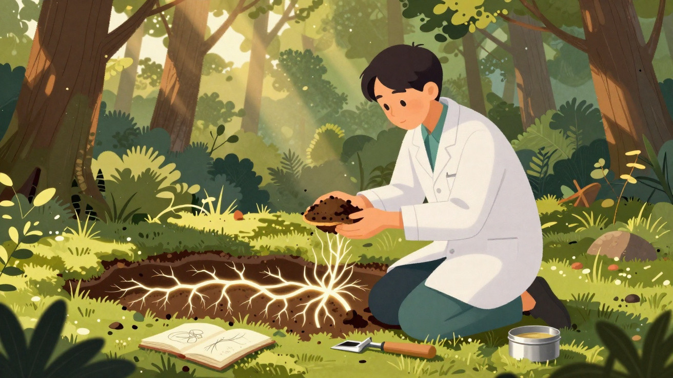 Cientista em laboratório a analisar raízes brilhantes de planta numa floresta com caderno aberto e ferramentas.