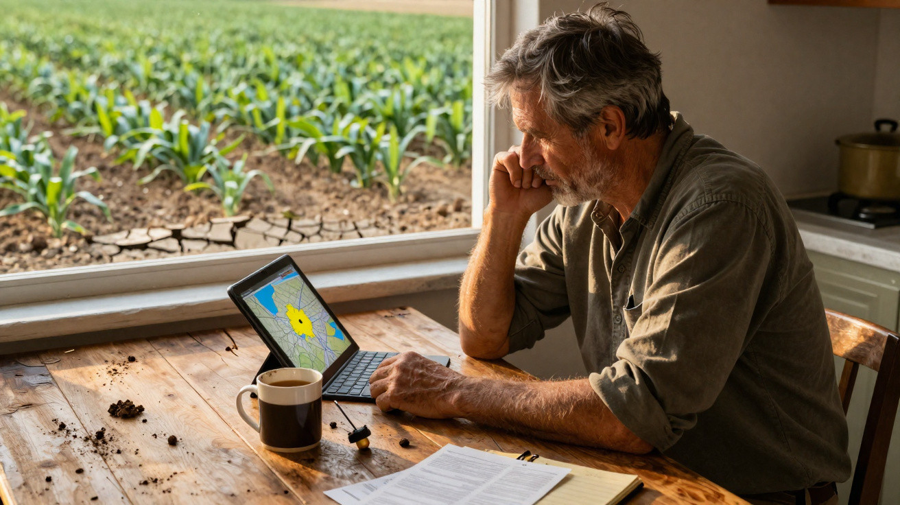 Homem sentado a analisar dados meteorológicos numa tablet com campo de milho seco ao fundo.