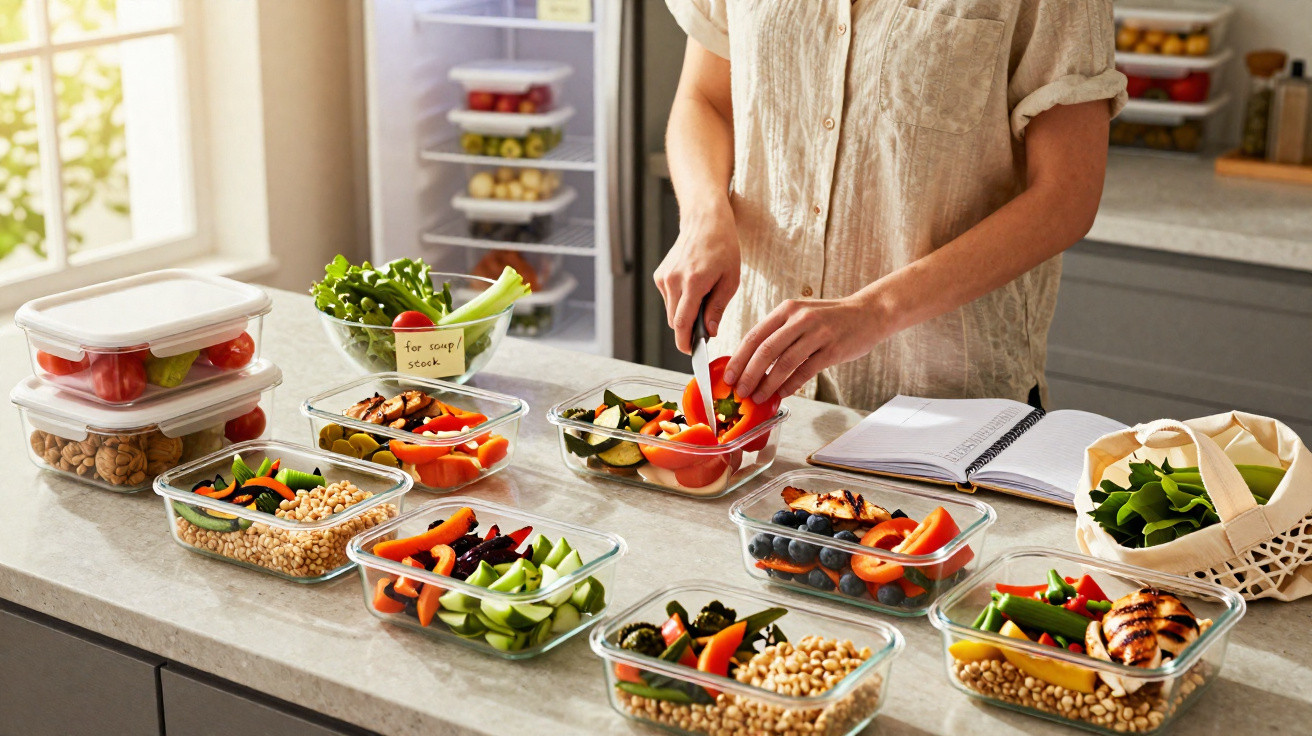 Pessoa a preparar várias caixas de vidro com refeições saudáveis de legumes, frutas e proteína na cozinha.